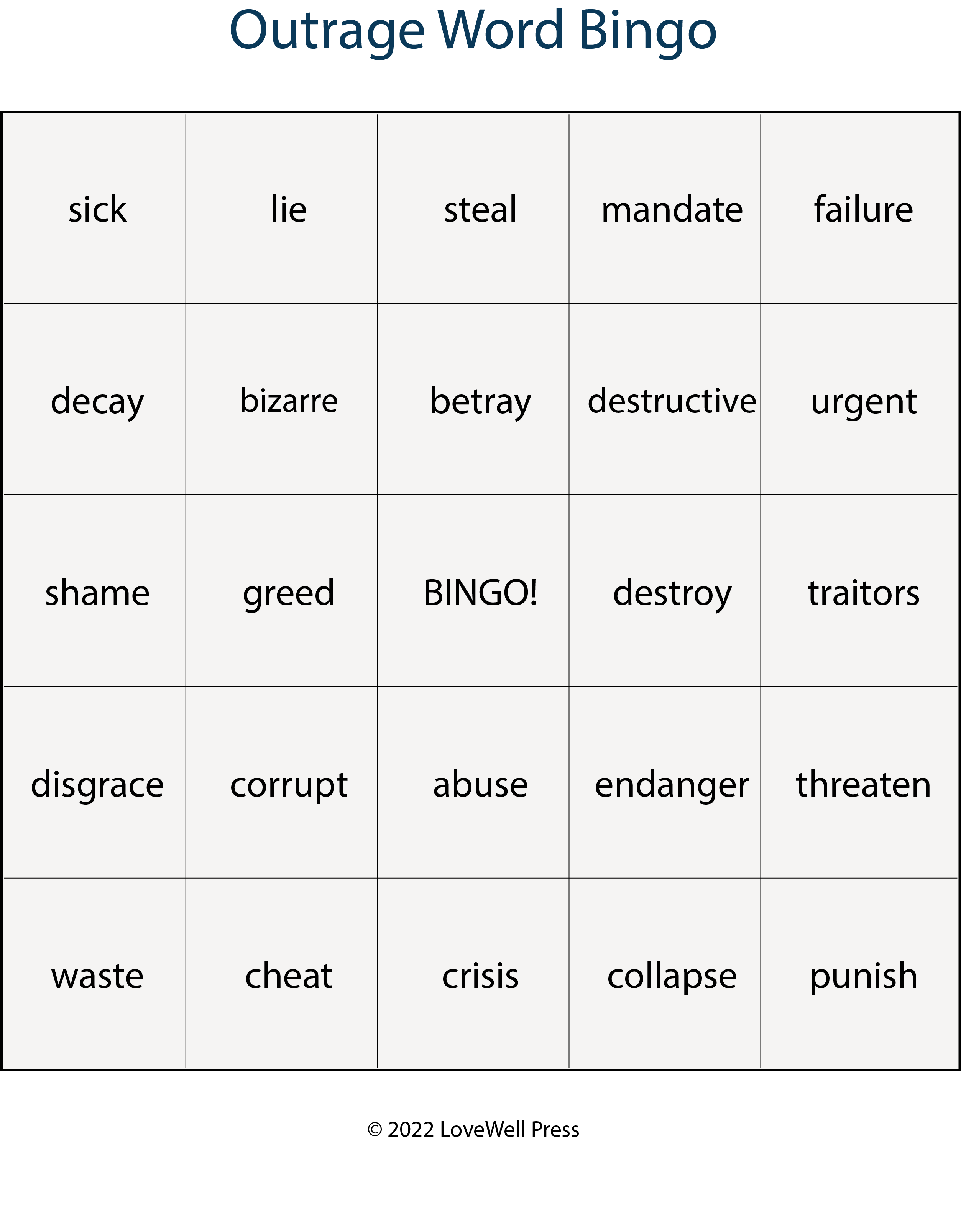 Outrage Word Bingo from the book, Rooted in Decency